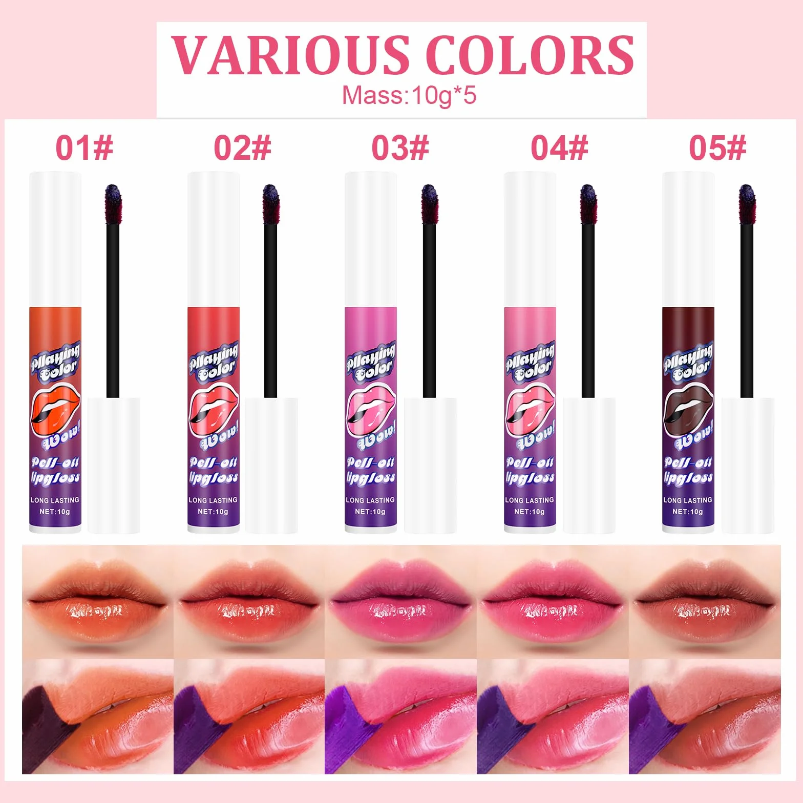 Lip Stain Peel Off, 5 Colores Tinte Permanente de Labios de Larga Duración, Maquillaje Labial