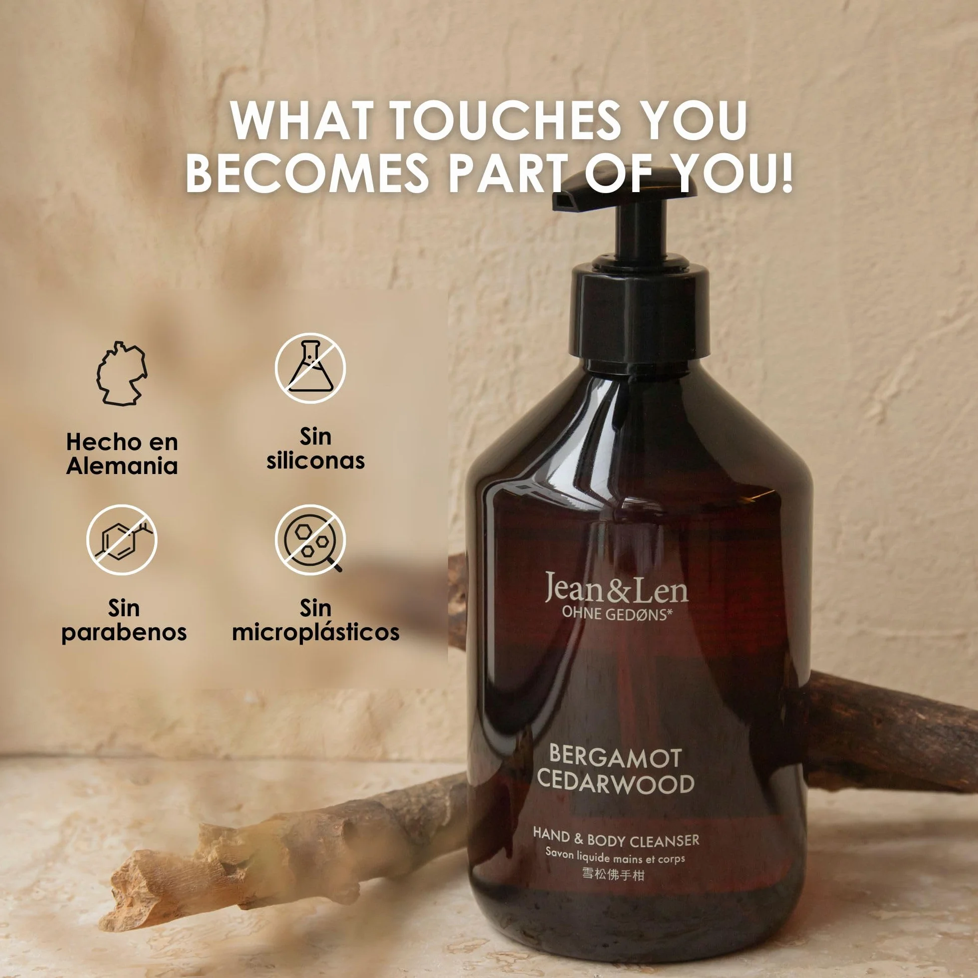 Jean & Len Hand & Body Cleanser Bergamot & Cedarwood, jabón corporal y de manos, aroma fresco mediterráneo, vegano, 500 ml