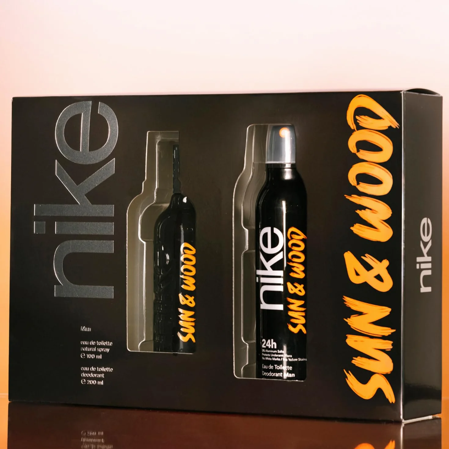 NIKE Sun & Wood Colonia 100 ml + Desodorante 200 ml Estuche de Regalo Hombre Eau de Toilette Aroma Amaderado Frutal Ambarado