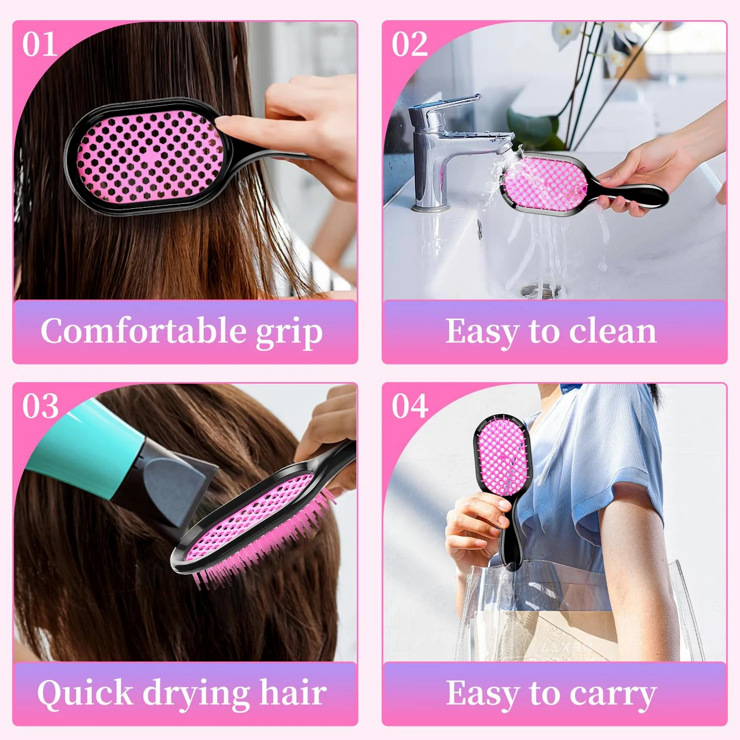 Cepillo desenredante, paquete de 2 cepillos desenredantes, desenredante suave y eficaz en tipos de cabello frágil húmedo o seco, ultraligero, cepillo desenredante ventilado y antiestático (negro +