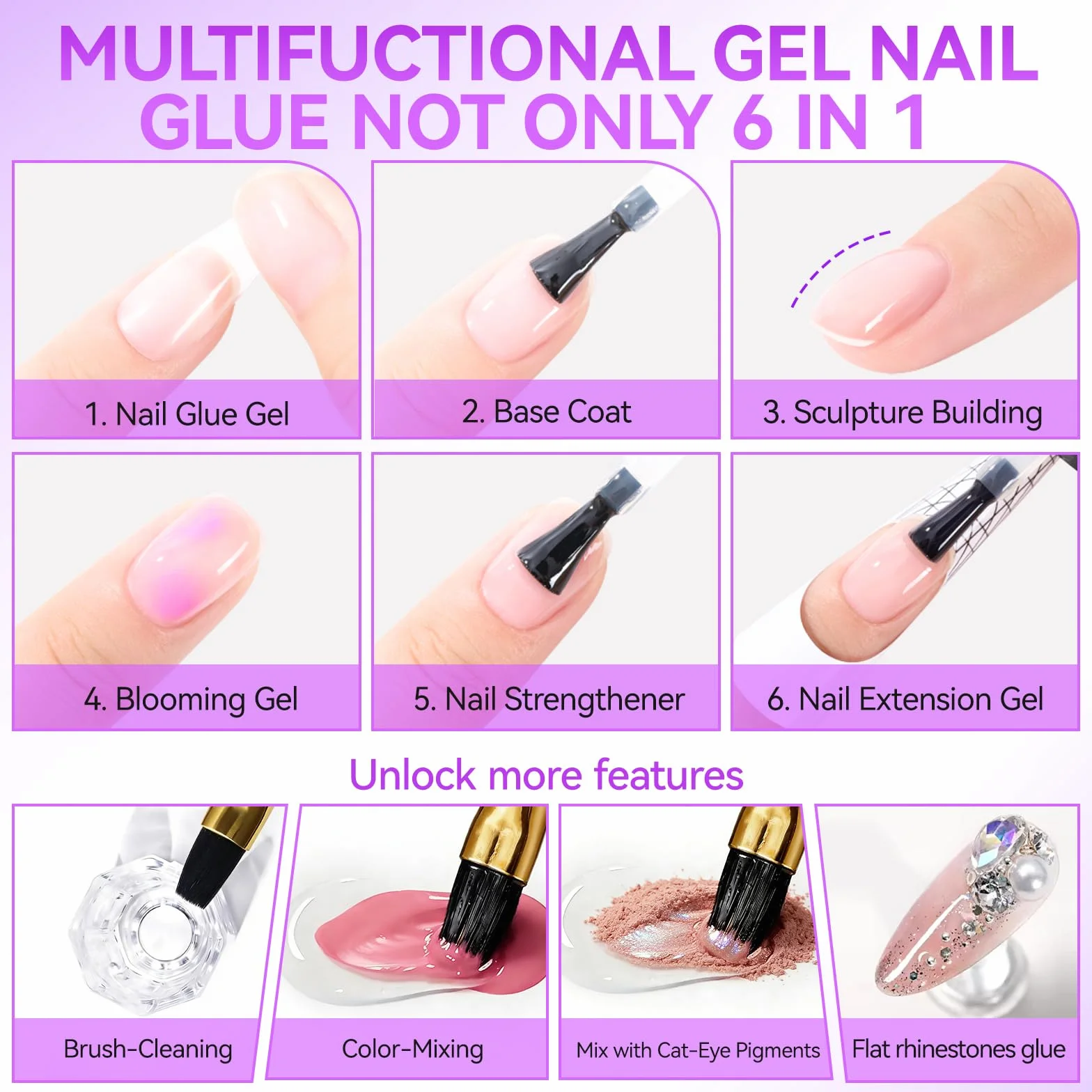 Gelike Pegamento Uñas Postizas Super Fuerte 6 en 1 Acrilicas Claro Tips Uñas A Presión Necesita Curar UV Lámpara 8ml