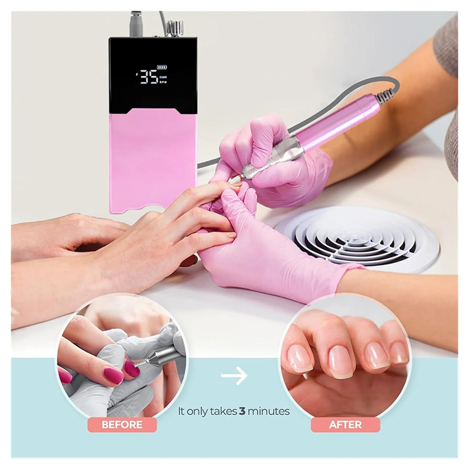 Torno de Uñas Eléctrico, Lijadora de uñas eléctrica sin escobillas, 35000RPM, taladro de uñas portátil profesional for pulir, molino de torno recargable for manicura(Purple)