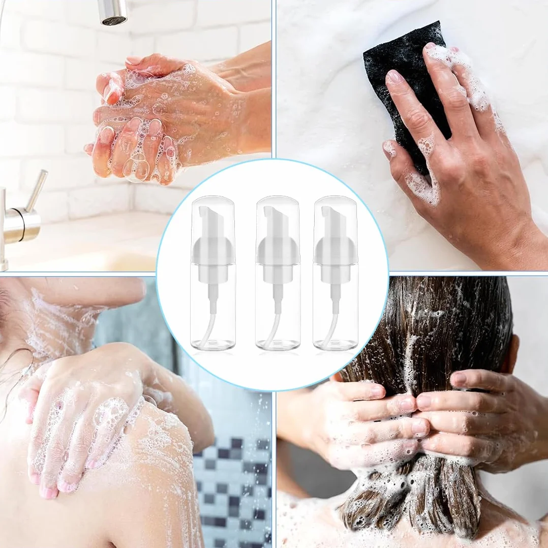 3 Piezas Dispensador Jabon Baño, 50 ml Botella de Espuma, Dispensador Jabon Baño Plástico Transparente, Botes para Gel y Champu Rellenables, para Viajes, Baño y Hoteles
