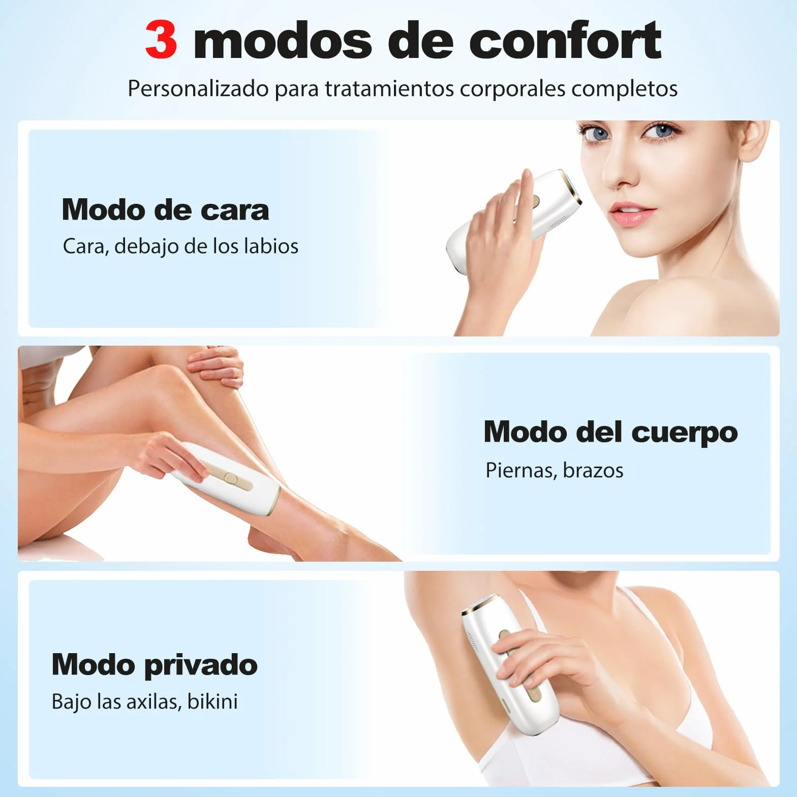 Depiladora Luz Pulsada IPL 1200 nm Refrigeración Zafiro 3 Modos 5 Velocidades Cuerpo y Rostro