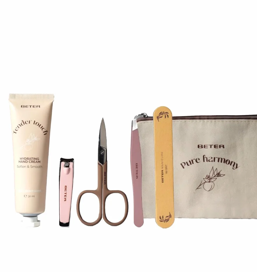 Set de Manicura Pure Harmony Beter 4 Piezas Lima Pinza Tijera Cortaúñas Crema Manos Bolsa