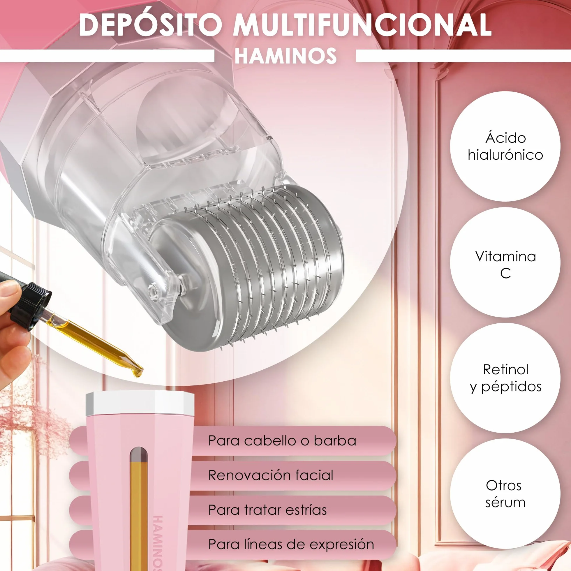 HAMINOS Derma roller 0,5 mm 3.0 con Depósito para Piel, 520 Agujas de Titanio