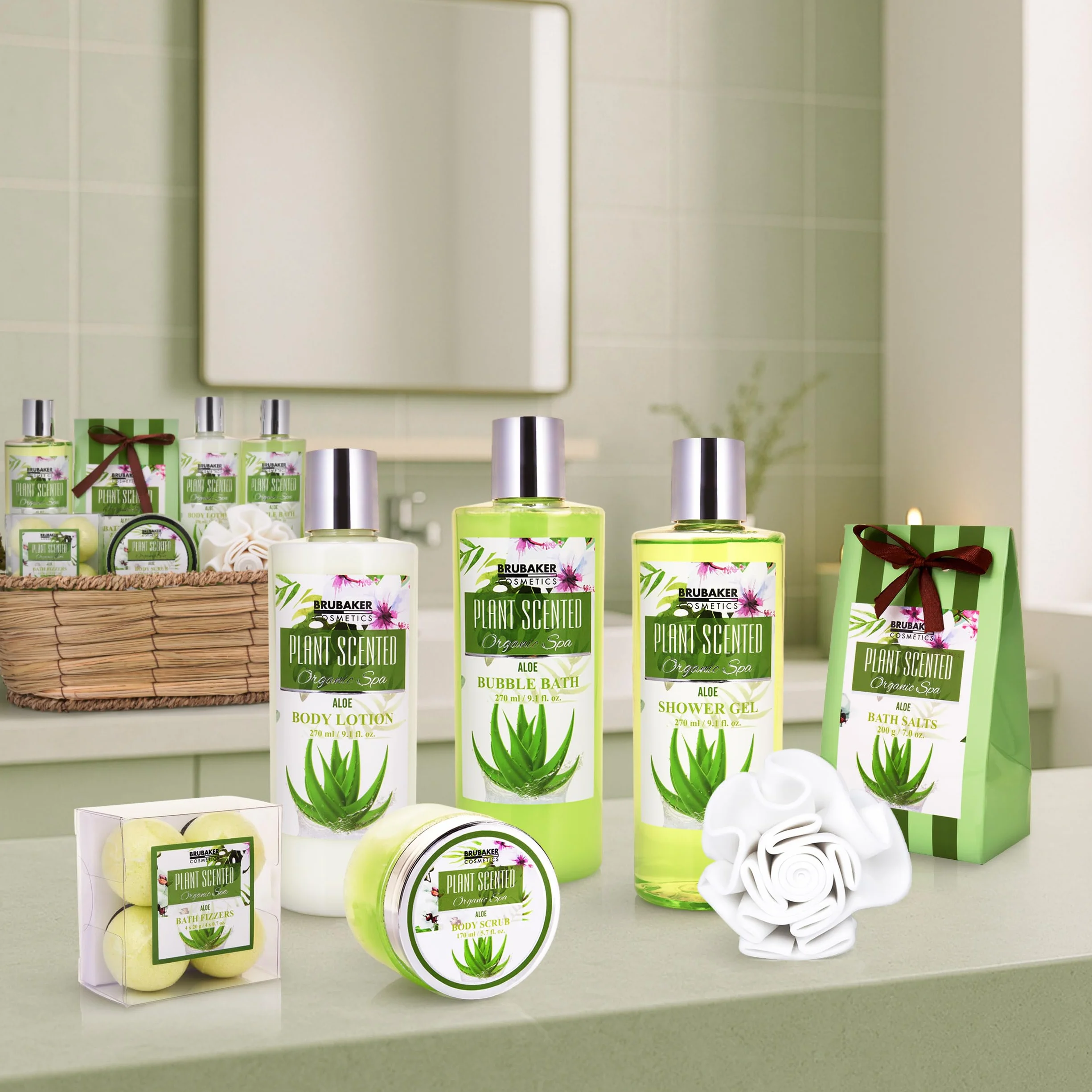 BRUBAKER Cosmetics Set de Regalo de Baño y Ducha Aloe Vera 11 piezas Cesta Mimbre Spa Kit