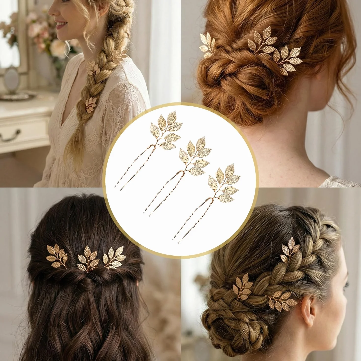 Horquillas doradas con diseño de hojas, accesorios para el cabello de boda, pasadores en forma de U para novias