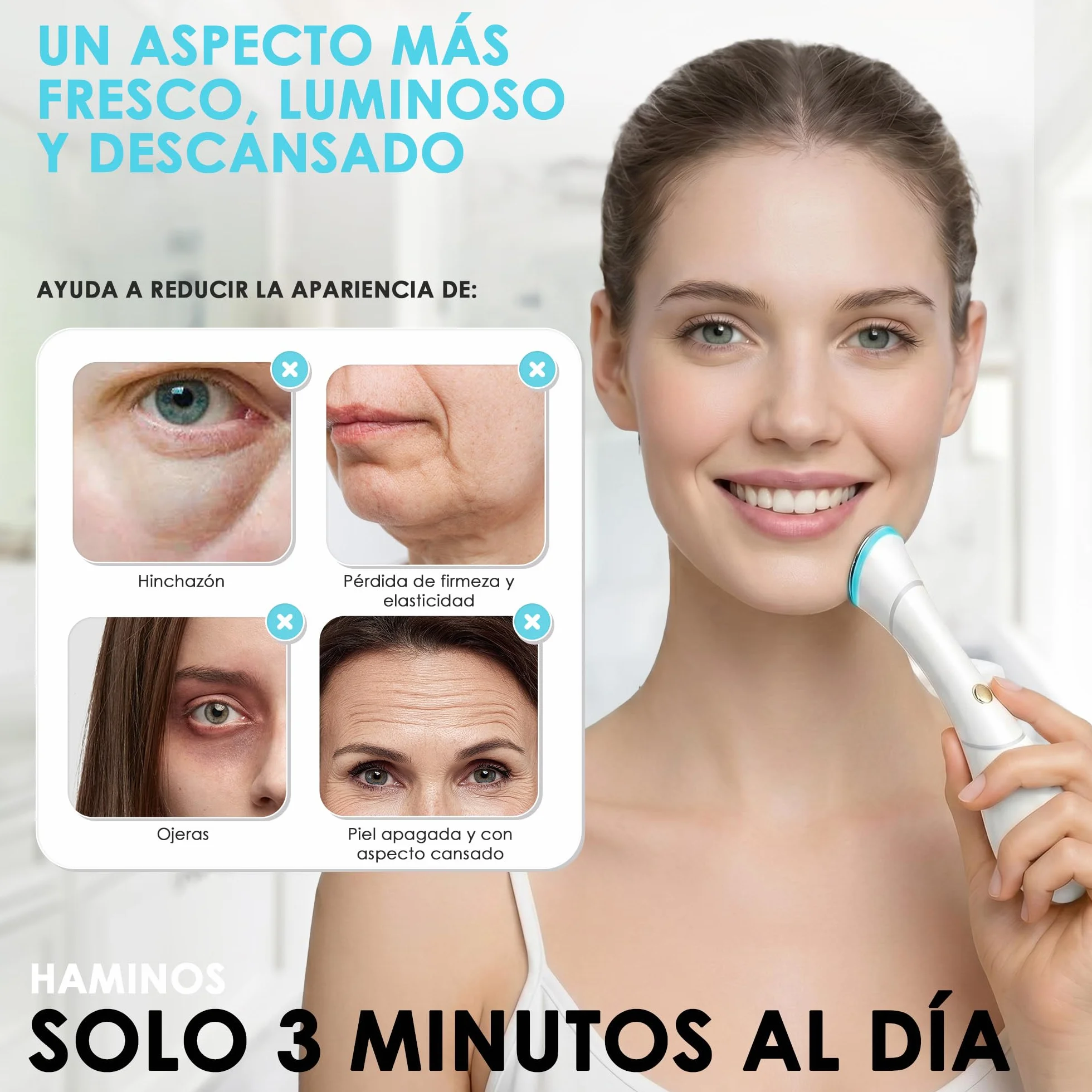 HAMINOS Masajeador Facial 4 en 1 con Calor, Vibración, Luz Roja y Azul, Función Iónica Galvánica, Recargable USB-C