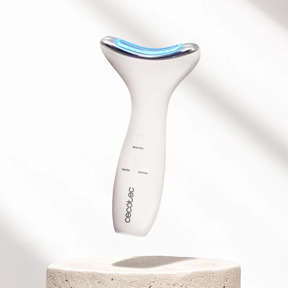 Cecotec Tonificador Facial Eléctrico FaceCare Face&Neck Pro, 3 Modos, Luz LED Roja Azul Verde, 5 Niveles EMS, IPX6