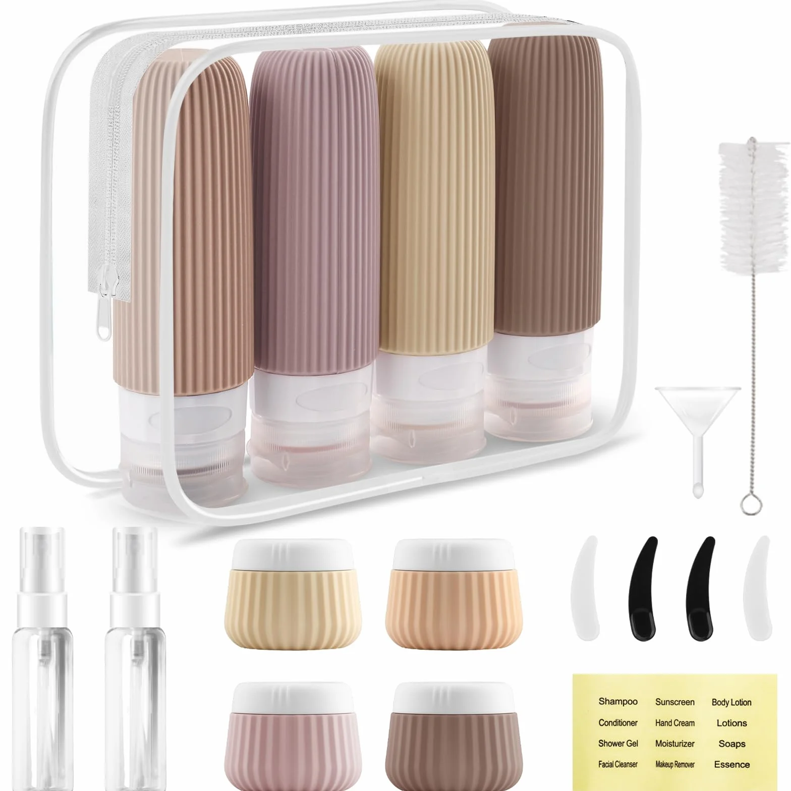 Kit Viaje Higiene Reutilizables 18 Piezas Botes Rellenables con Etiqueta para Cosméticos