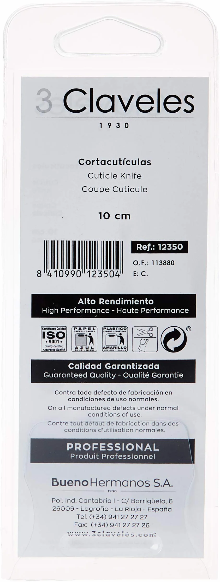 3 Claveles 12350 Cortacutículas Blanco 10 cm