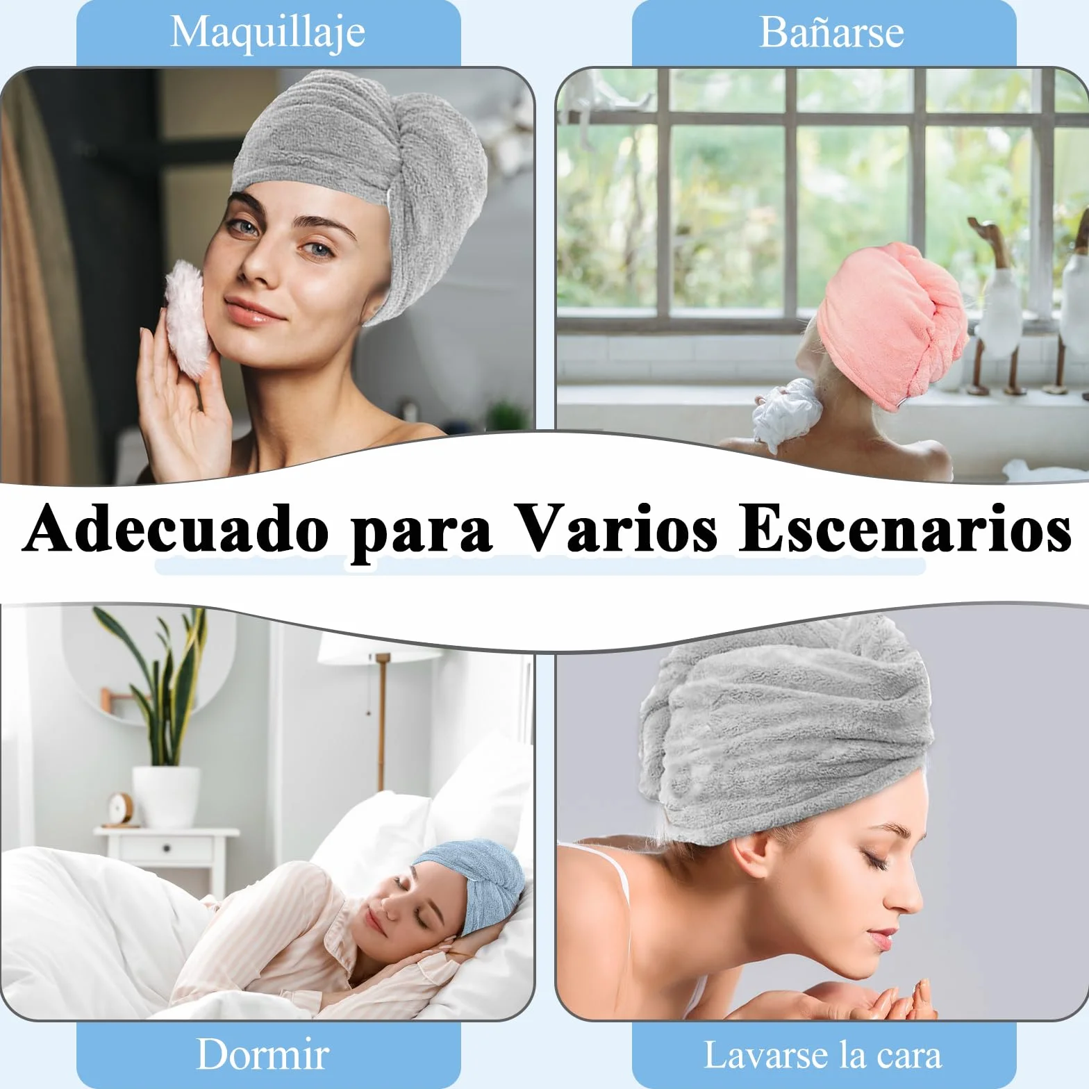 KASURE Toalla Microfibra Pelo 3 Piezas Gris Azul Rosa Gorras Botones Secado Rapido Anti Frizz