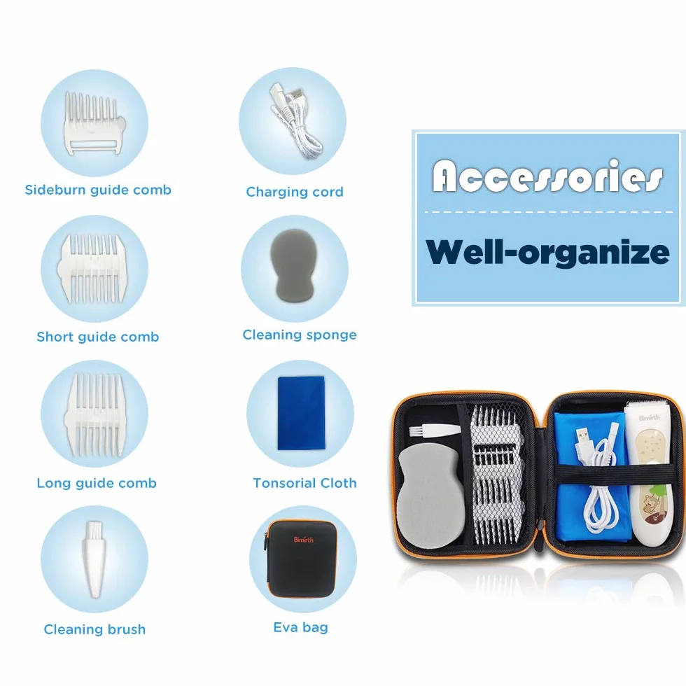 Cortapelos para niños Bimirth, cortadora de pelo silenciosa inalámbrica, recargable por USB, impermeable, 3 peines guía