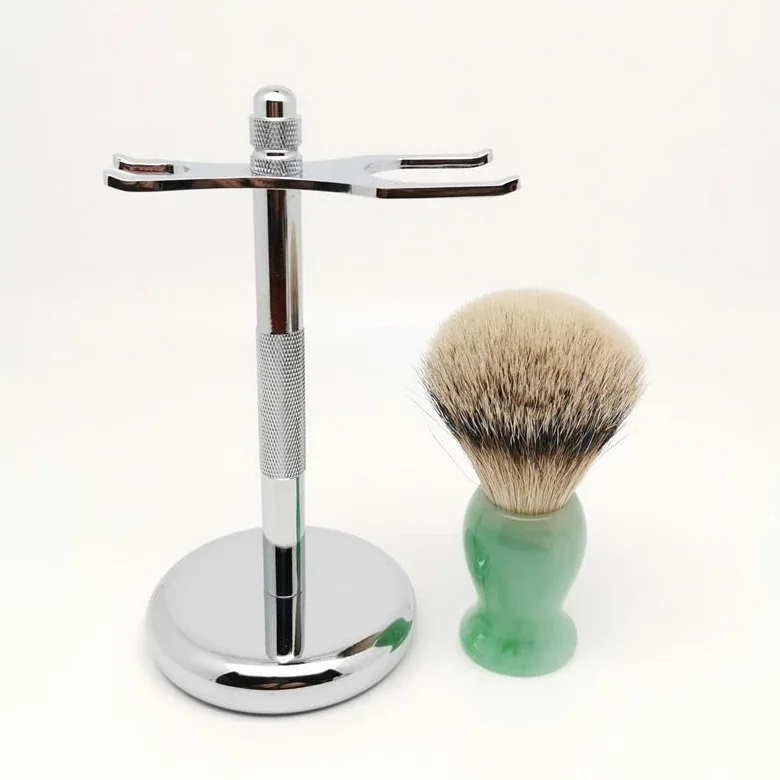 Soporte de maquinilla de afeitar práctico de acero inoxidable para hombre, soporte para cepillo de afeitar de pelo de tejón plateado masculino, juego de afeitado perfecto de moda
