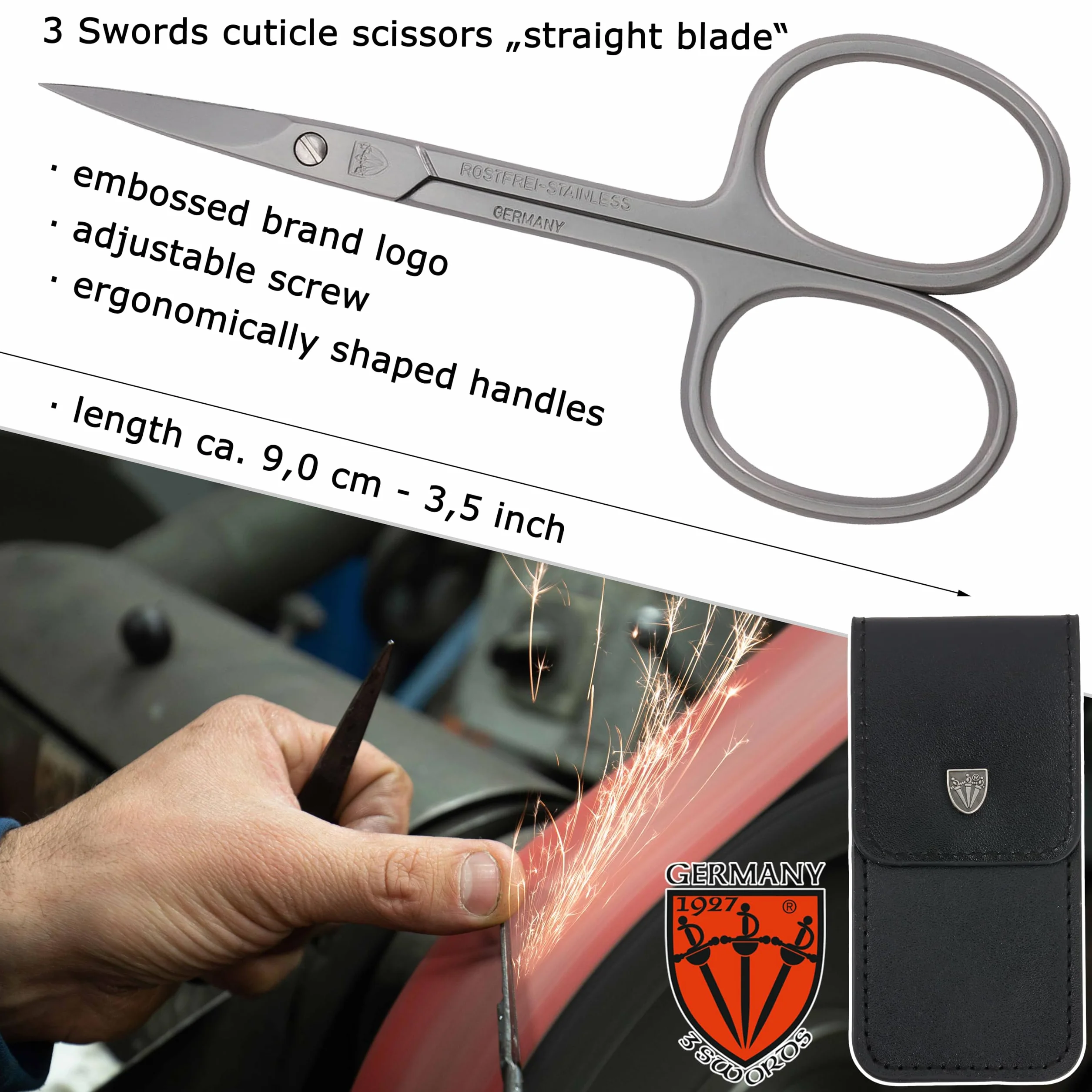 3 Swords Germany Tijeras rectas para cutículas de acero inoxidable inox (1 unidad) con estuche para manicura y pedicura - Cuidado de uñas por 3 Swords - Fabricado en Alemania