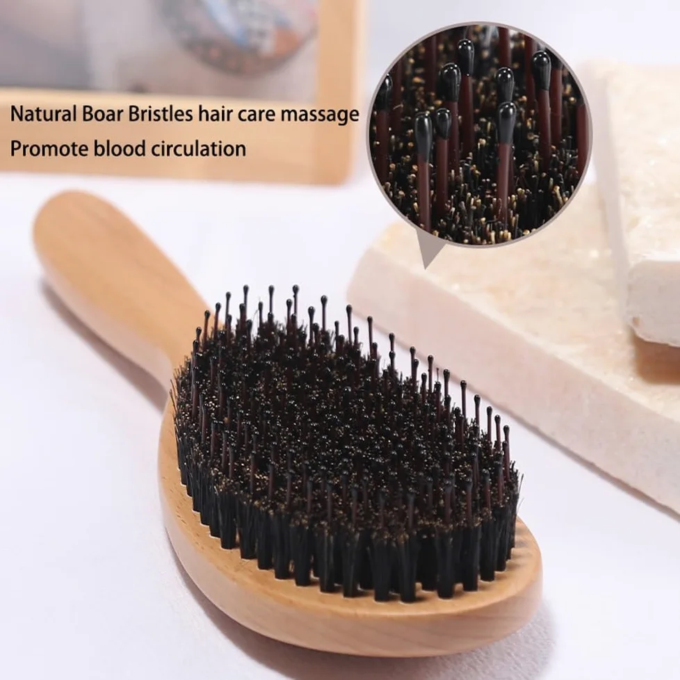 Cepillo de pelo de cerdas de jabalí, cerdas naturales suaves para cabello fino y fino, restaura el brillo y la textura