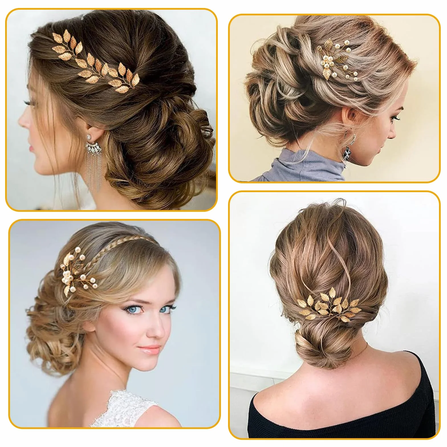 Pinzas para cabello de novia hojas doradas perlas de cristal vintage 4 piezas