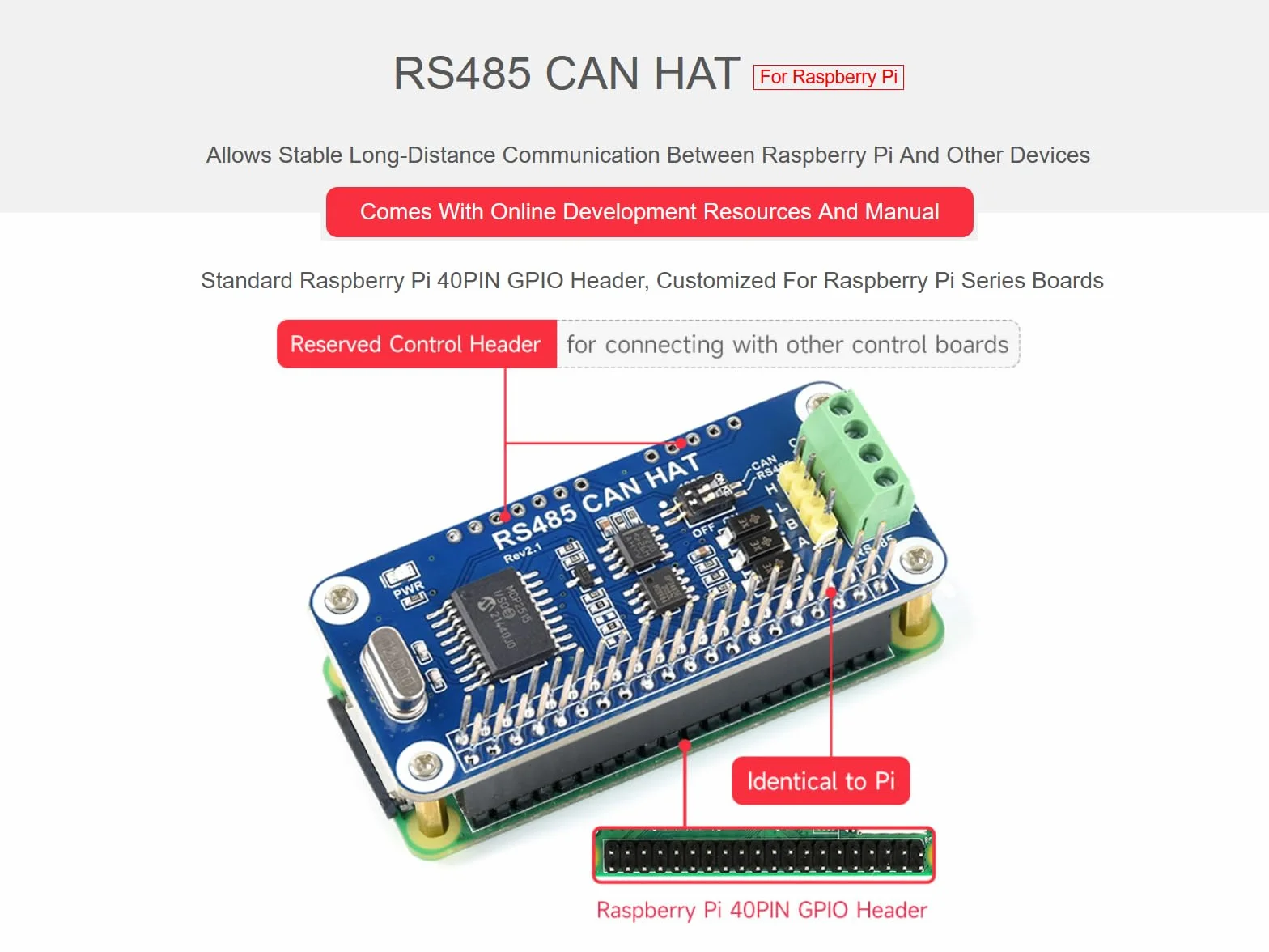 RS485 CAN HAT para Raspberry Pi 4B/3B+/3B/2B/B+/A+/Zero/Zero W/WH, Comunicación a Larga Distancia