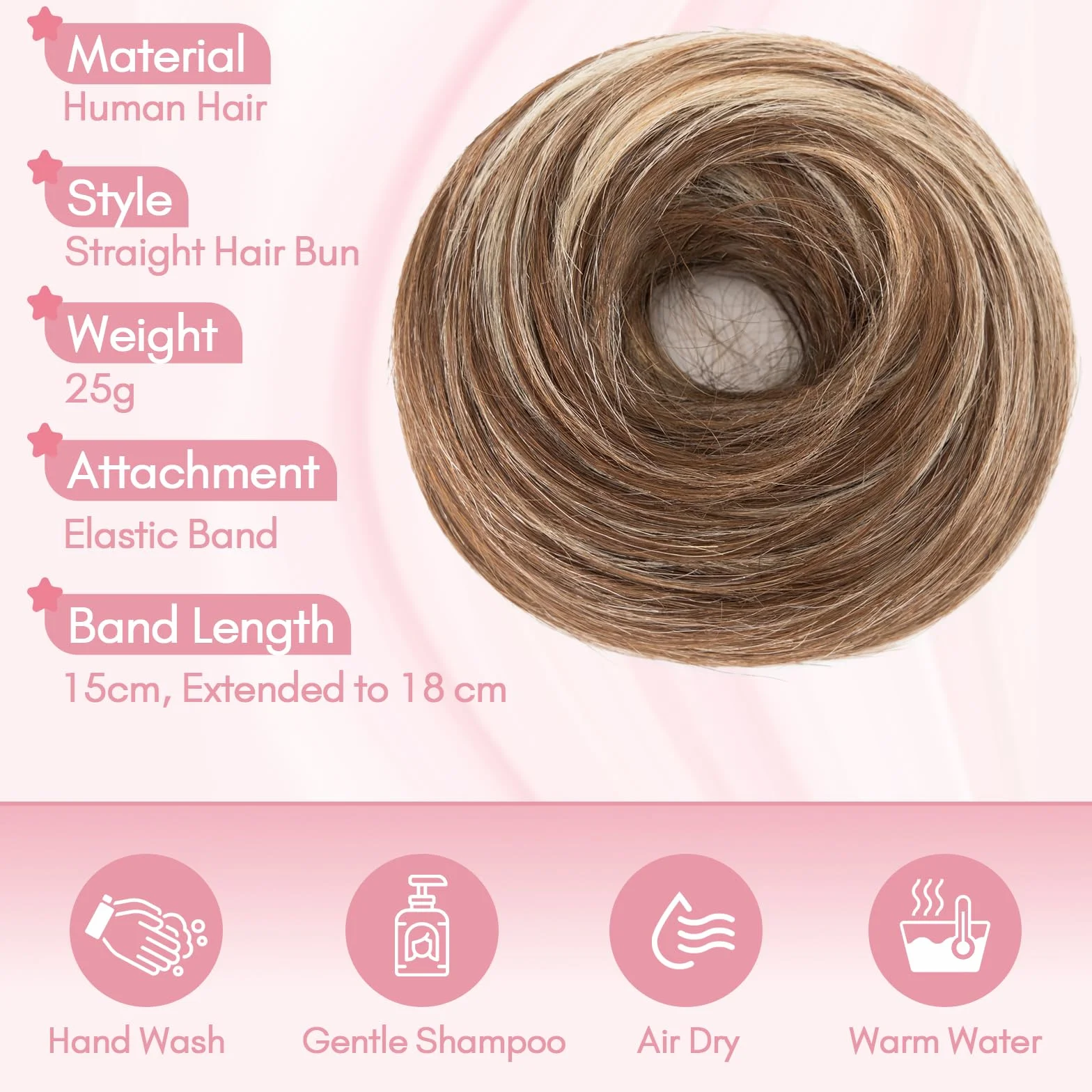 MY-LADY Moño Postizo de Pelo Natural Marron Chocolat/Rubio Elástico Liso para Mujer 25g