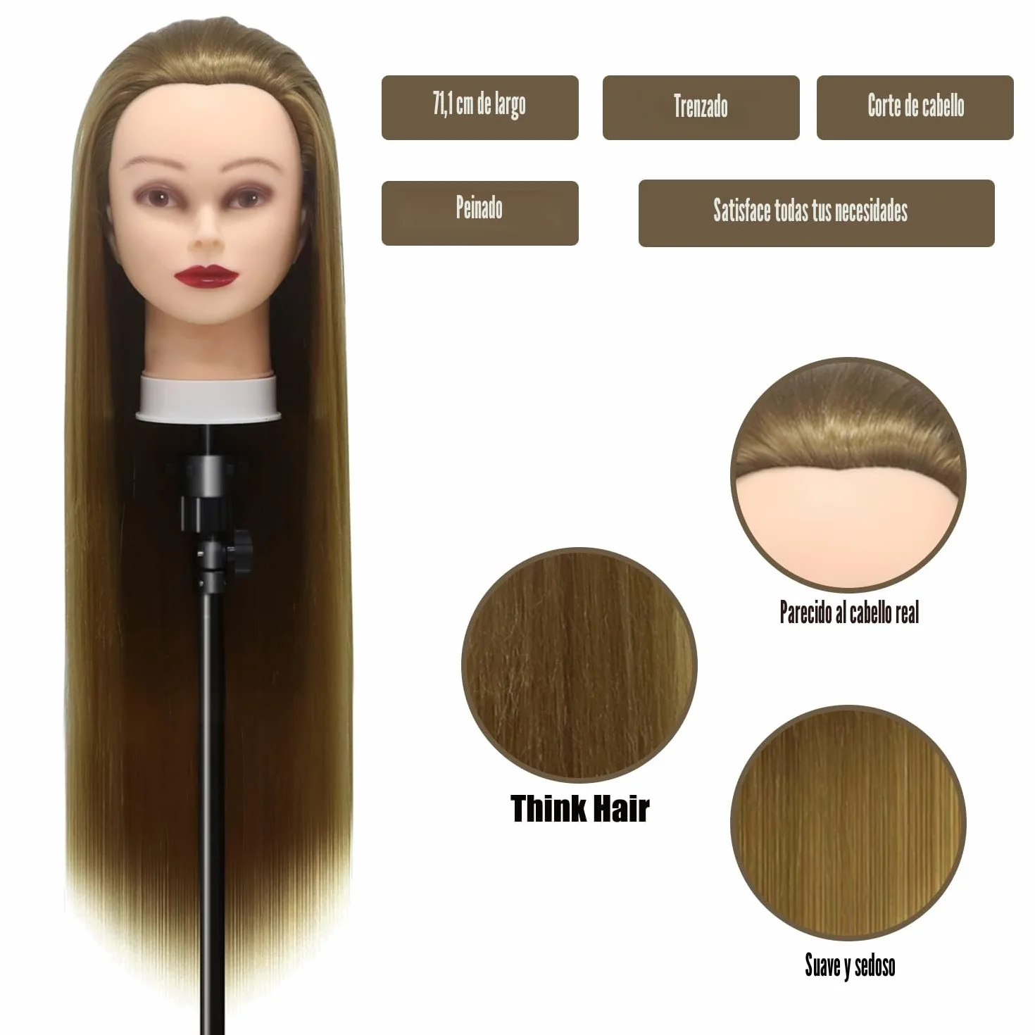 Cabeza Maniquí 28inch Fibra Sintética con Soporte Accesorios Peinado DIY
