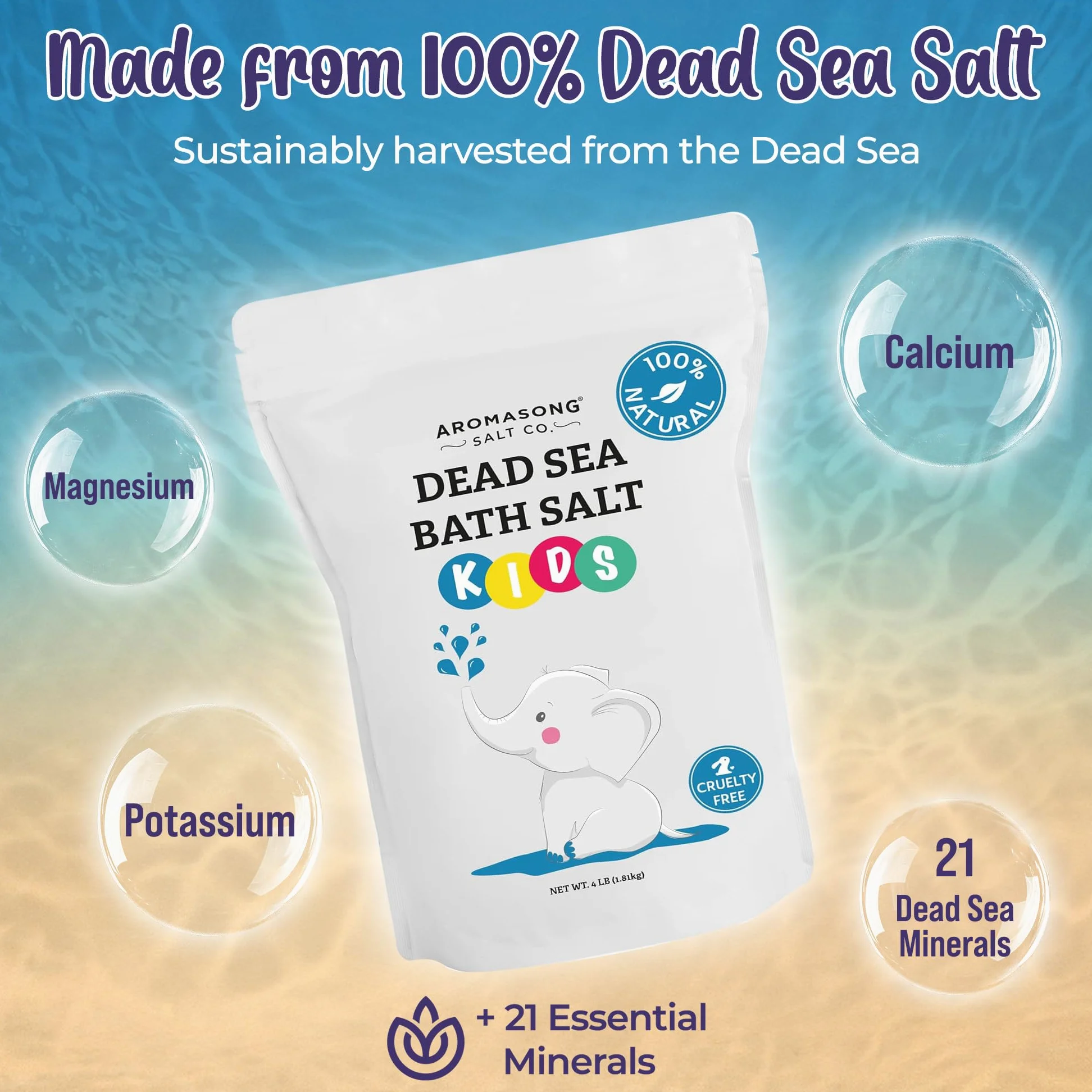 Aromasong Sal del Mar Muerto para niños, 4 libras. Paquete resellable grande de grano fino, 100% puro y natural.
