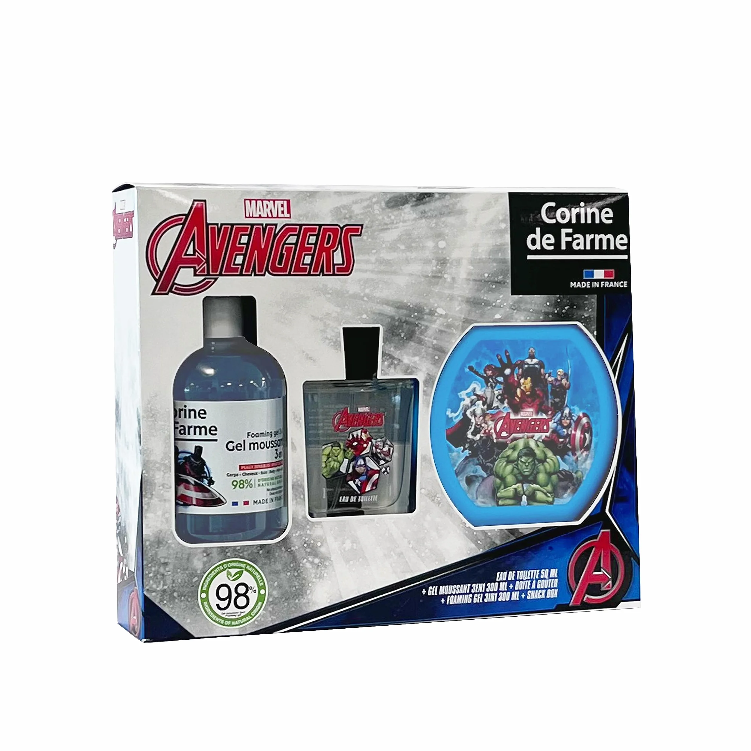 Corine de Farme Set Regalo Niño Los Vengadores Colonia 50ml Gel Ducha Baño 3-en-1 300ml Fiambrera Infantil Aroma Afrutado Manzana