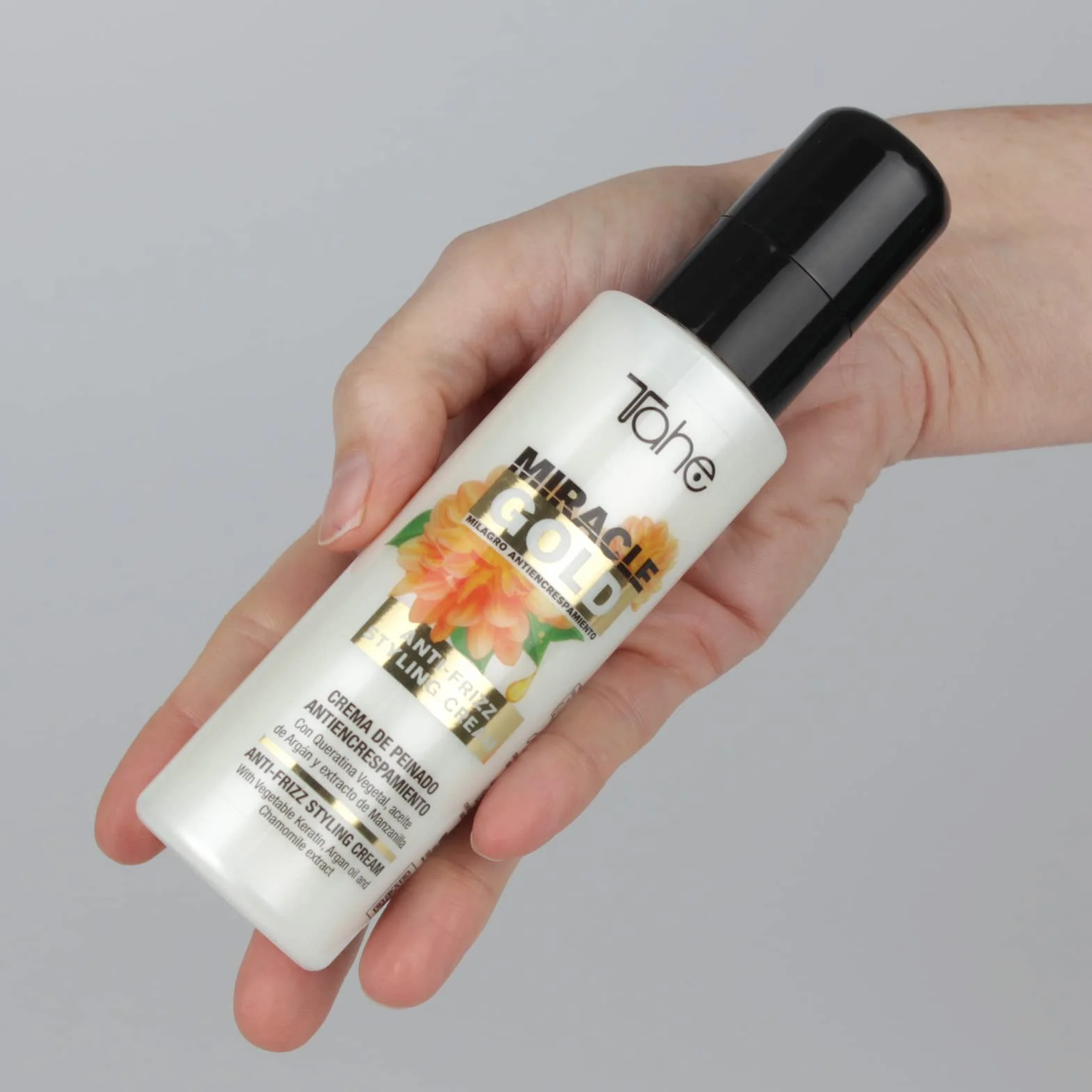 Tahe Miracle Gold Crema de peinado antiencrespamiento con Queratina, Argán y Manzanilla 100 ml