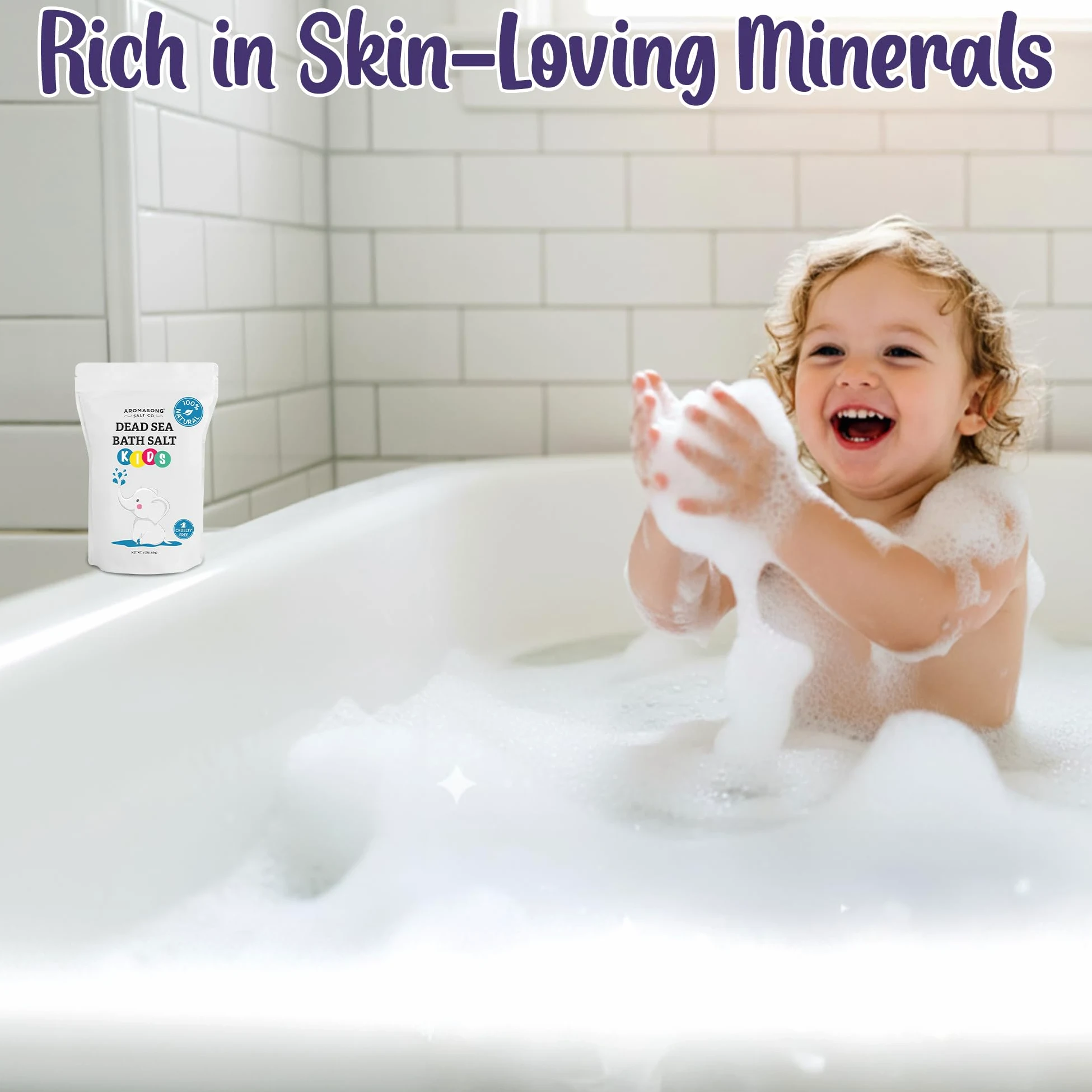 Aromasong Sal del Mar Muerto para niños, 4 libras. Paquete resellable grande de grano fino, 100% puro y natural.