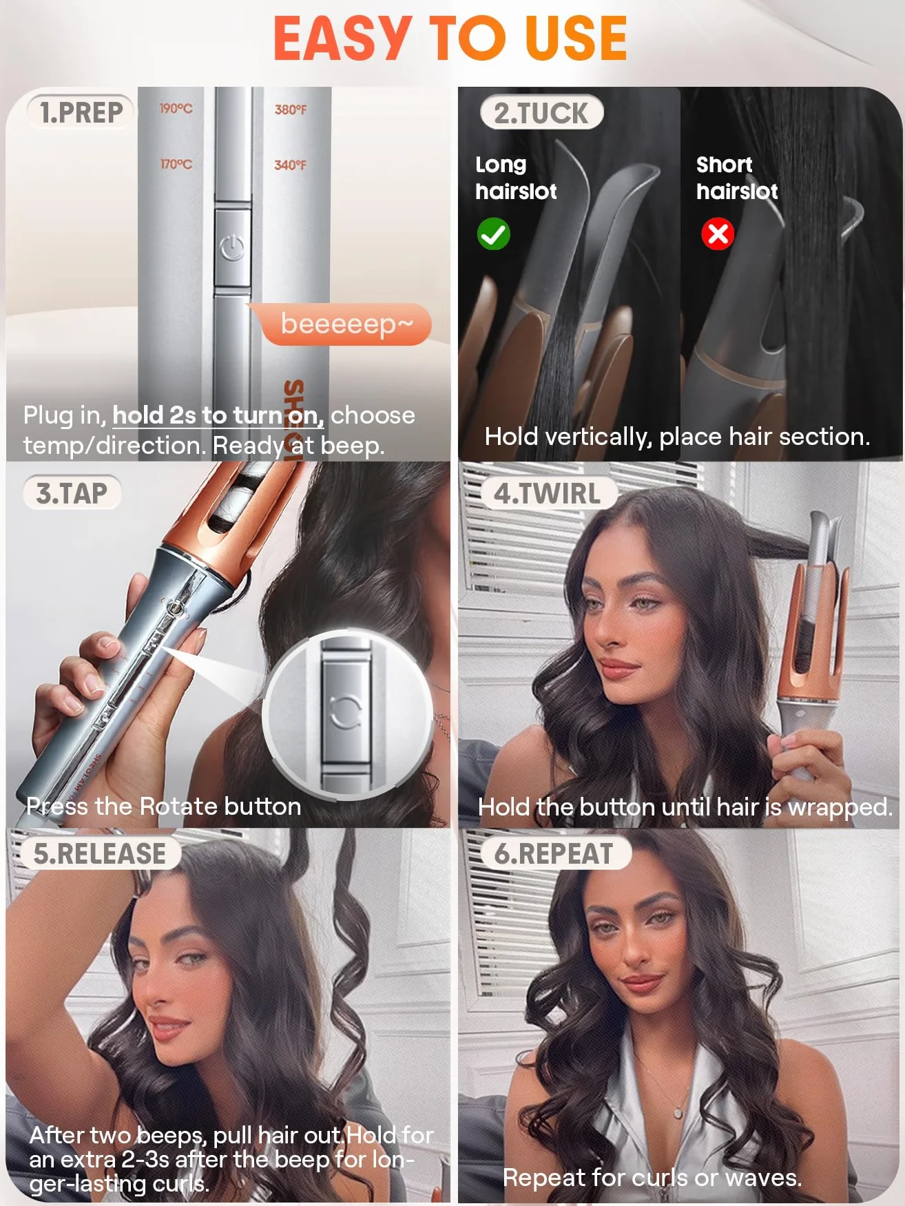 SHEGLAM Rizador automático de 25mm con revestimiento de cerámica, 3 niveles de temperatura (170-210°C), calentamiento rápido – Enrollador de rizos giratorio automático para rizos