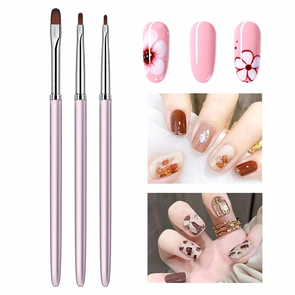 Pinceles para pintura al óleo, 3 piezas/juego de pinceles de gel acrílico para decoración de uñas, mango de diamantes de imitación, extensión de líneas de construcción, delineador, dibujo, pintura,