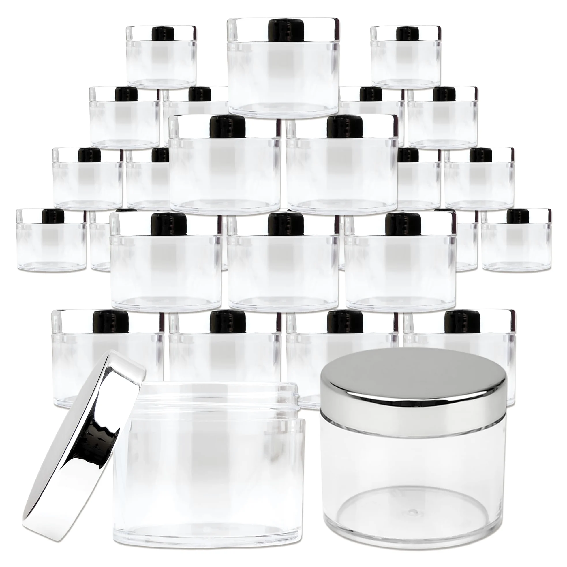 Beauticom 60 g/60 ml Premium redondo transparente a prueba de fugas de plástico frascos para almacenamiento de viaje maquillaje cosmético loción exfoliantes cremas aceites ungüentos plata