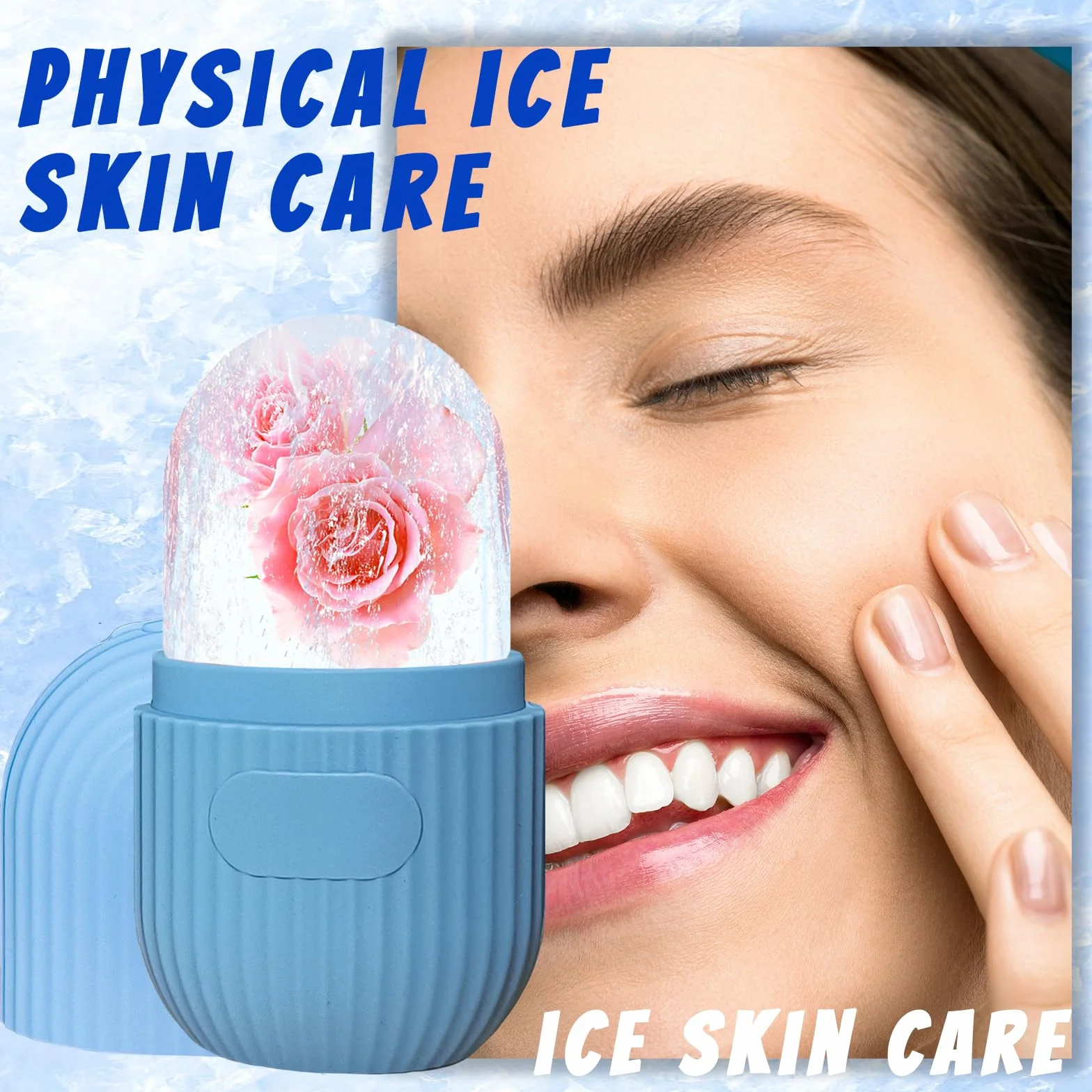 Joyeee Ice Roller Reutilizable Masaje Facial con Hielo para Cuidado de la Piel, Reduce Poros y Arrugas, Azul