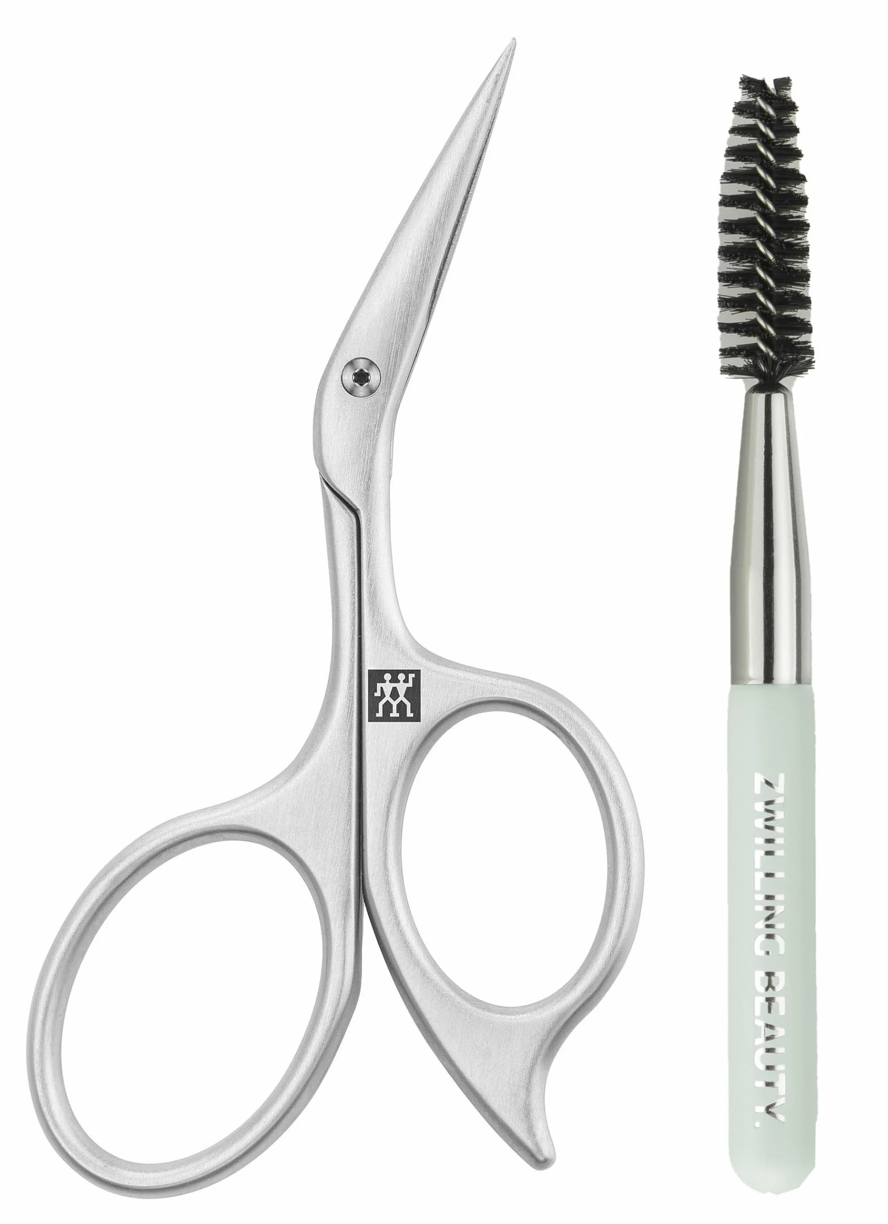 ZWILLING Tijeras para cejas (con diseño de tijera en ángulo y cuchillas ultrafinas con cepillo para cejas), premium, plata | Tijeras ergonómicas de acero inoxidable con cuchillas muy finas para el corte preciso de los pelos de las cejas