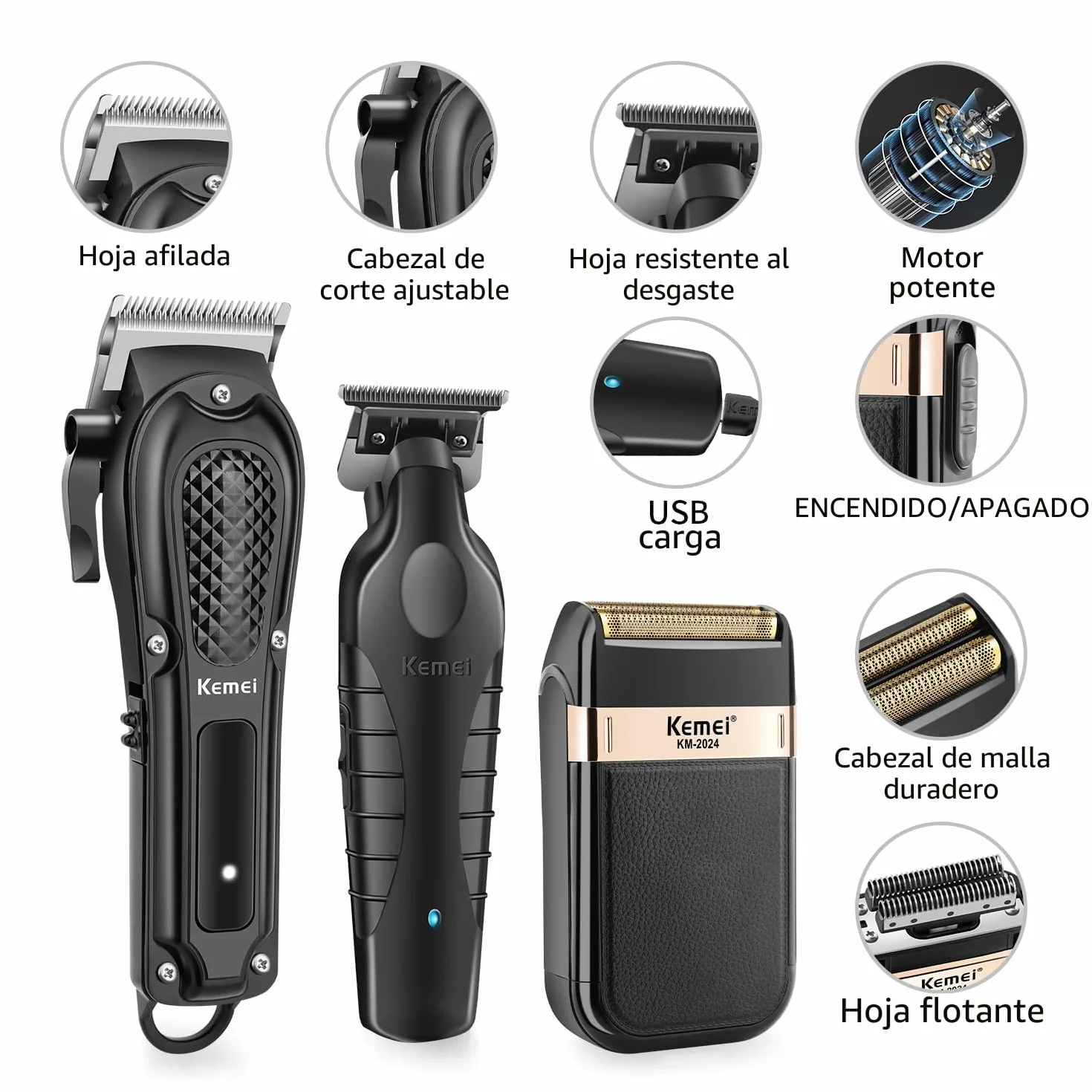 KEMEI Cortapelos profesional inalámbrico cortadora de barbero cuchilla en T set afeitadora lámina kit eléctrico 9 peines