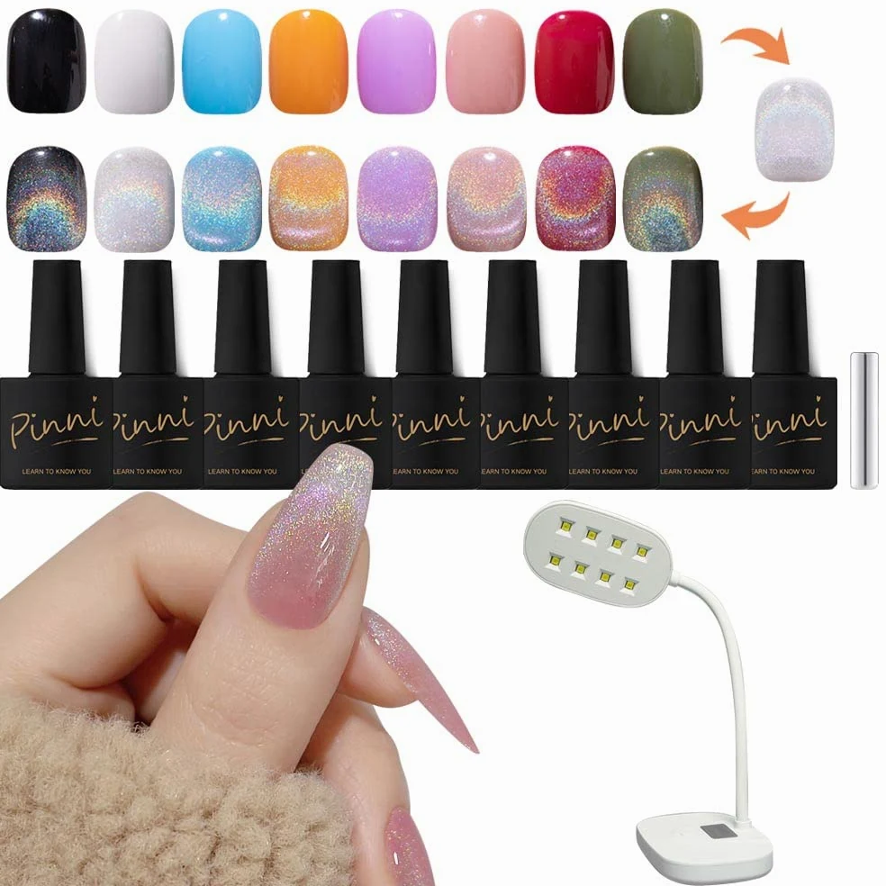 kit esmalte semipermanente Universal Arcoíris Ojo de gato Gel esmalte semipermanente 9D Brillo holográfico Reflectivo Láser Diamante esmalte uñas de gel, palos magnéticos lámpara de uñas de mesa
