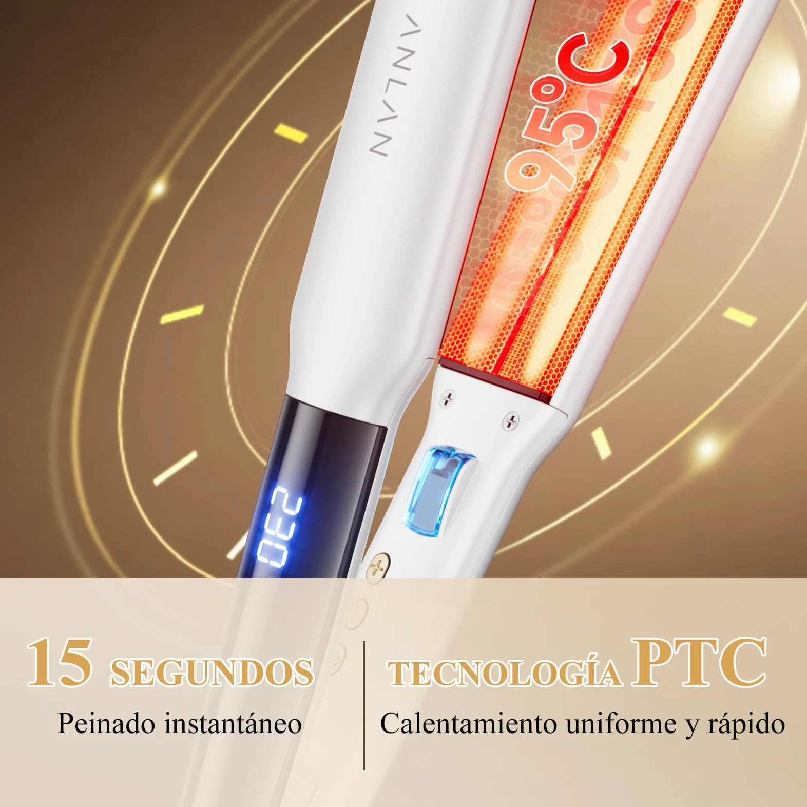 ANLAN Plancha de pelo iónica con luz roja, placas cerámicas flotantes 3D de 36 mm, Rápido 15s, 14 niveles, pantalla LCD, profesional e inteligente