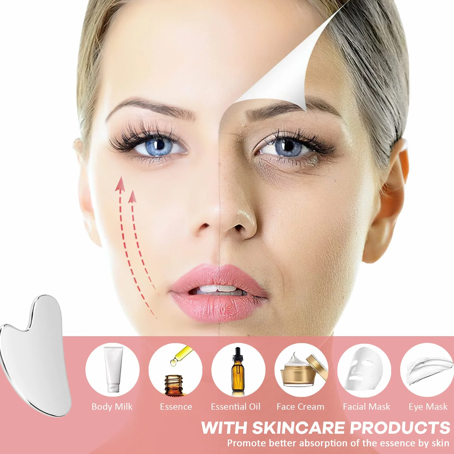 Gua Sha Acero Inoxidable, Herramienta GuaSha Facial, Rascador de Masaje para Drenaje Linfático