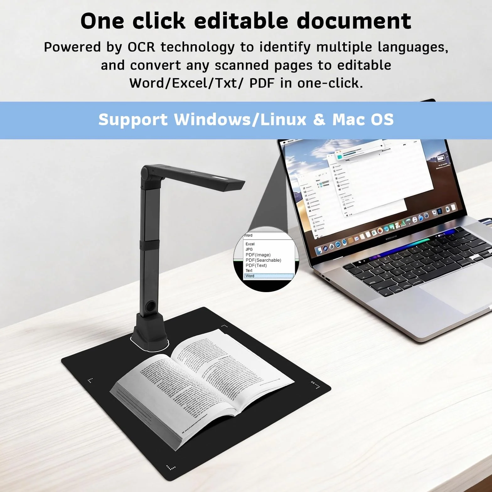 Cámara de Documentos Portátil 12 MP Escáner de Libros Profesional A3/A4 OCR SCA para Windows Linux macOS
