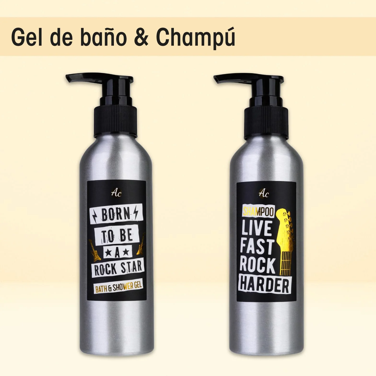 Set de regalo Accentra ROCKSTAR cuidado personal guitarra metálica negra gel ducha champú jabón toalla