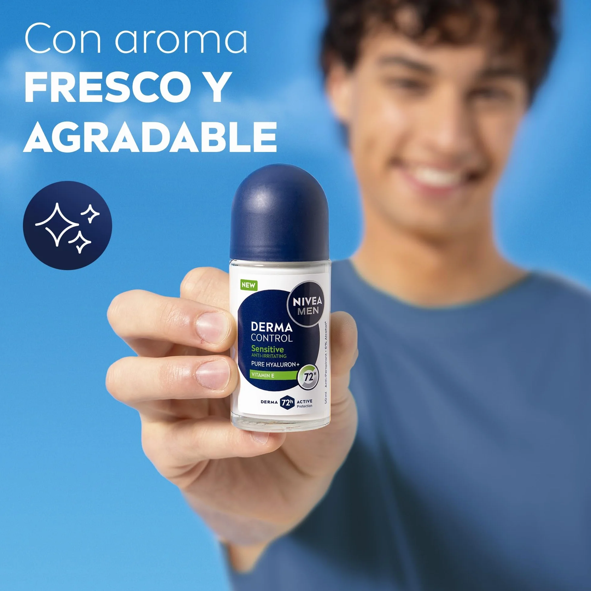 NIVEA Derma Control Sensitive Desodorante Antitranspirante Roll-on 50 ml para Hombre 72h Protección Sudor Ácido Hialurónico Vitamina E