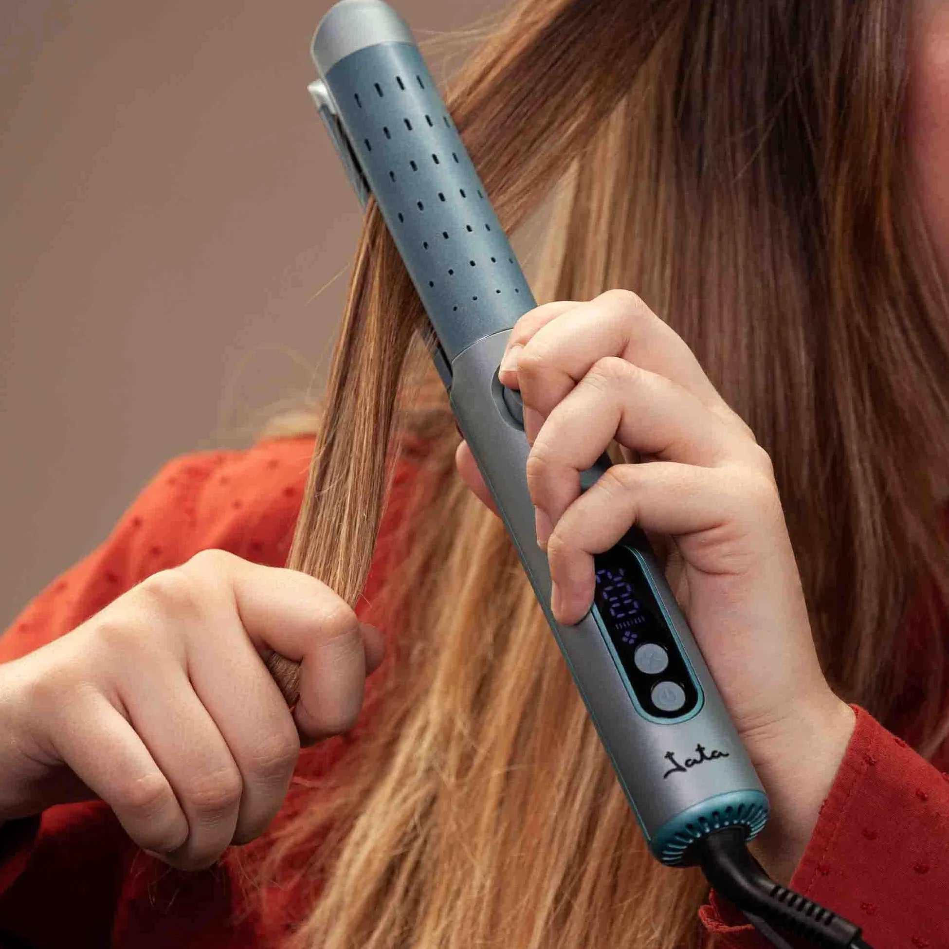 JATA JBPP1588 - Plancha de Pelo y Rizador con Aire, Tecnología Cool Air, Placas Cerámicas Flotantes, 4 Temperaturas 140-200ºC, Alisador y Rizador Profesional