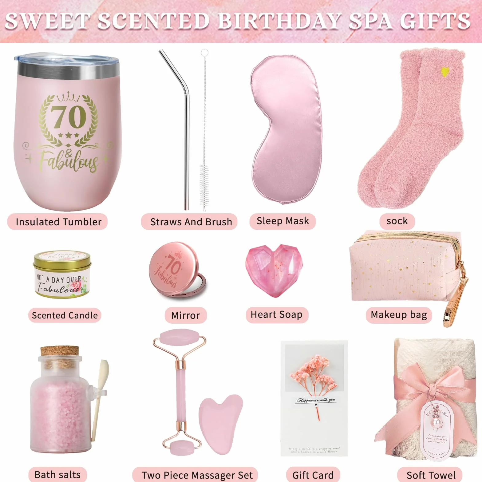 Regalos de 70 cumpleaños para mujeres, caja de regalo para ella, cesta de regalo con un vaso para hermana, novia, esposa, madre, juego de cesta de regalo relajante para Navidad, día de San Valentín