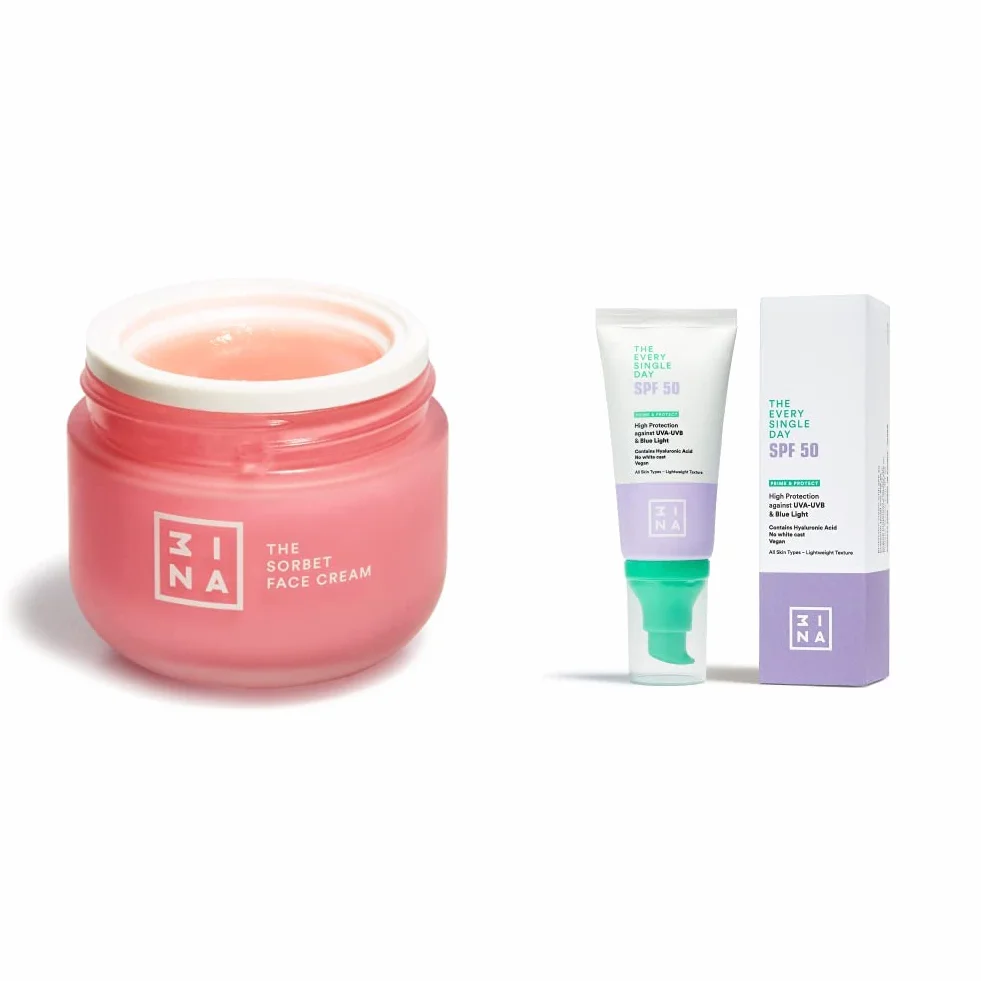 3INA MAKEUP - The Sorbet Cream + The Every Single Day SPF50 - Crema Facial Hidratante con Niacinamida - Protector Solar Facial SPF 50 con Ácido Hialurónico - Todo Tipo de Pieles - Vegan - Cruelty Free