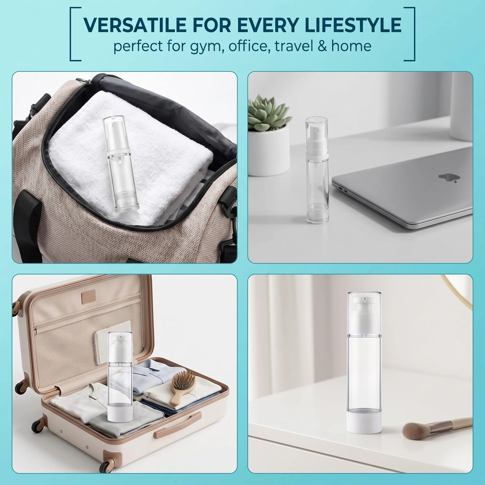 Set de 4 Botellas de Viaje Airless 5ml 10ml 30ml 50ml Dispensador Recargable Antifugas