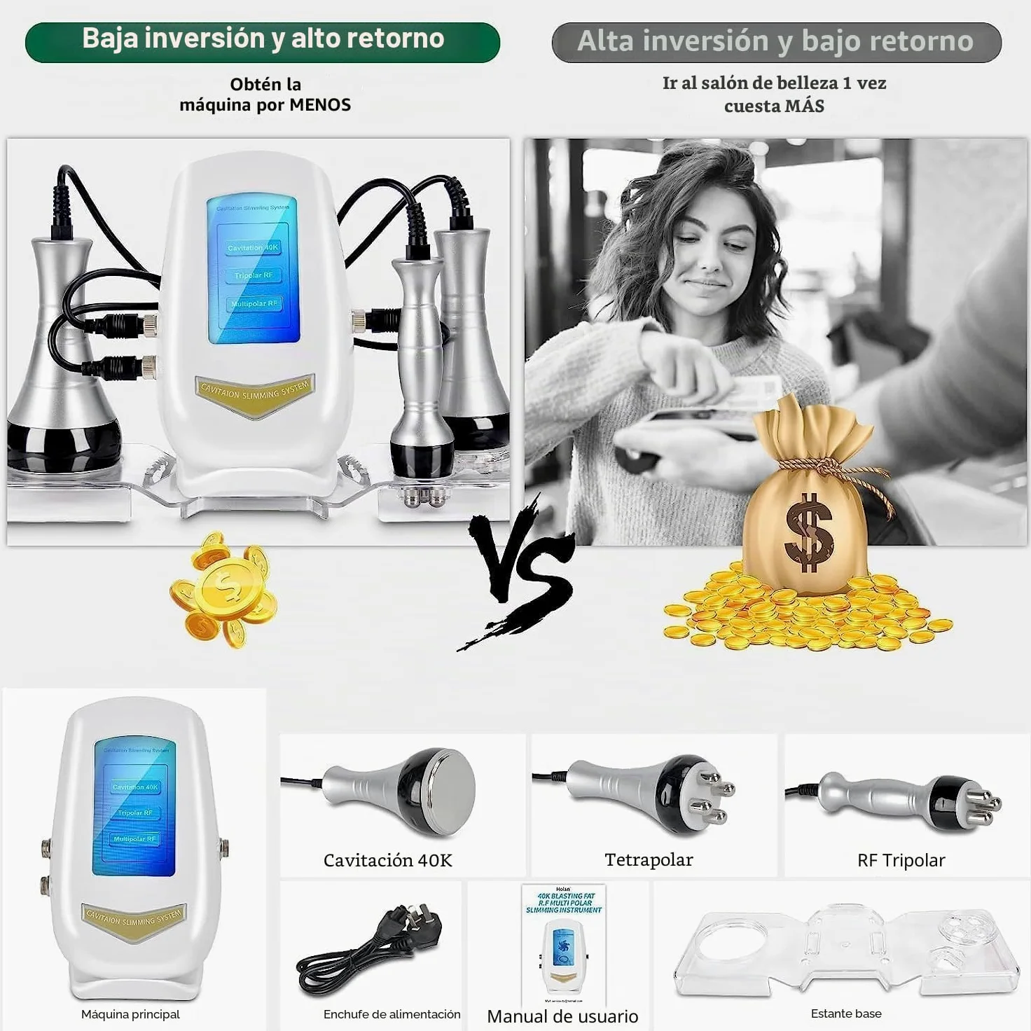 Cozion Radiofrecuencia Facial y Corporal Profesional 40K cavitacion y Radiofrecuencia Aparatos Masajeador anticelulitico Máquina de Adelgazamiento de Belleza Masajeador Celulitis (S)