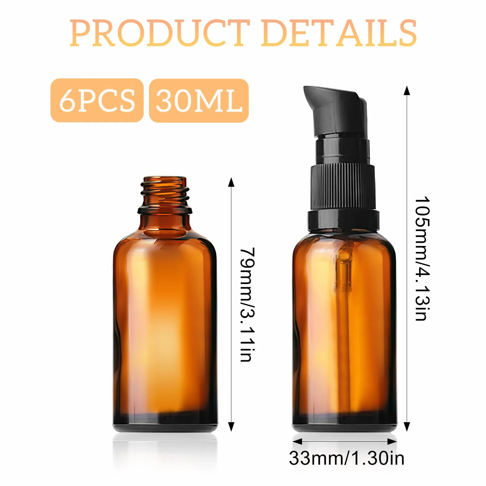 Botellas de Vidrio marrón vacías 30ml con Bomba, Rellenables para Loción y Aceites Esenciales, Protección UV