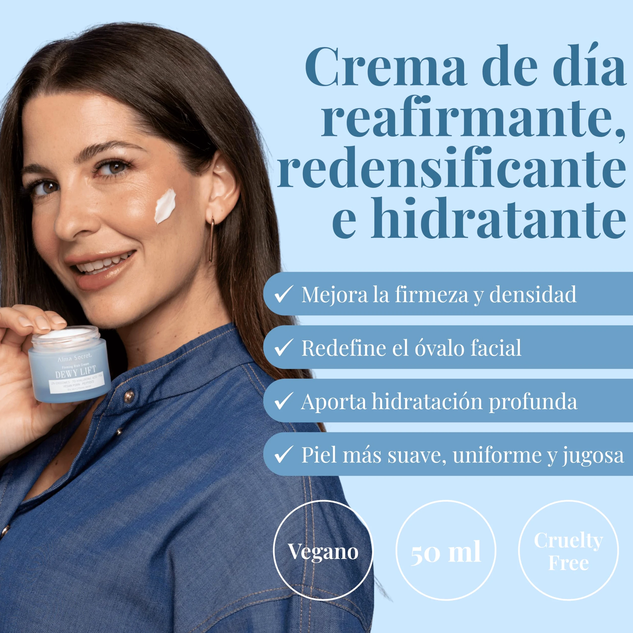 ALMA SECRET | Dewy Lift Rich Firming Cream | Crema de día reafirmante, redensificante e hidratante con 2% Exosomas, PDRN Vegano, 7D Ácido Hialurónico y PGA | 50 ml (Piel seca)