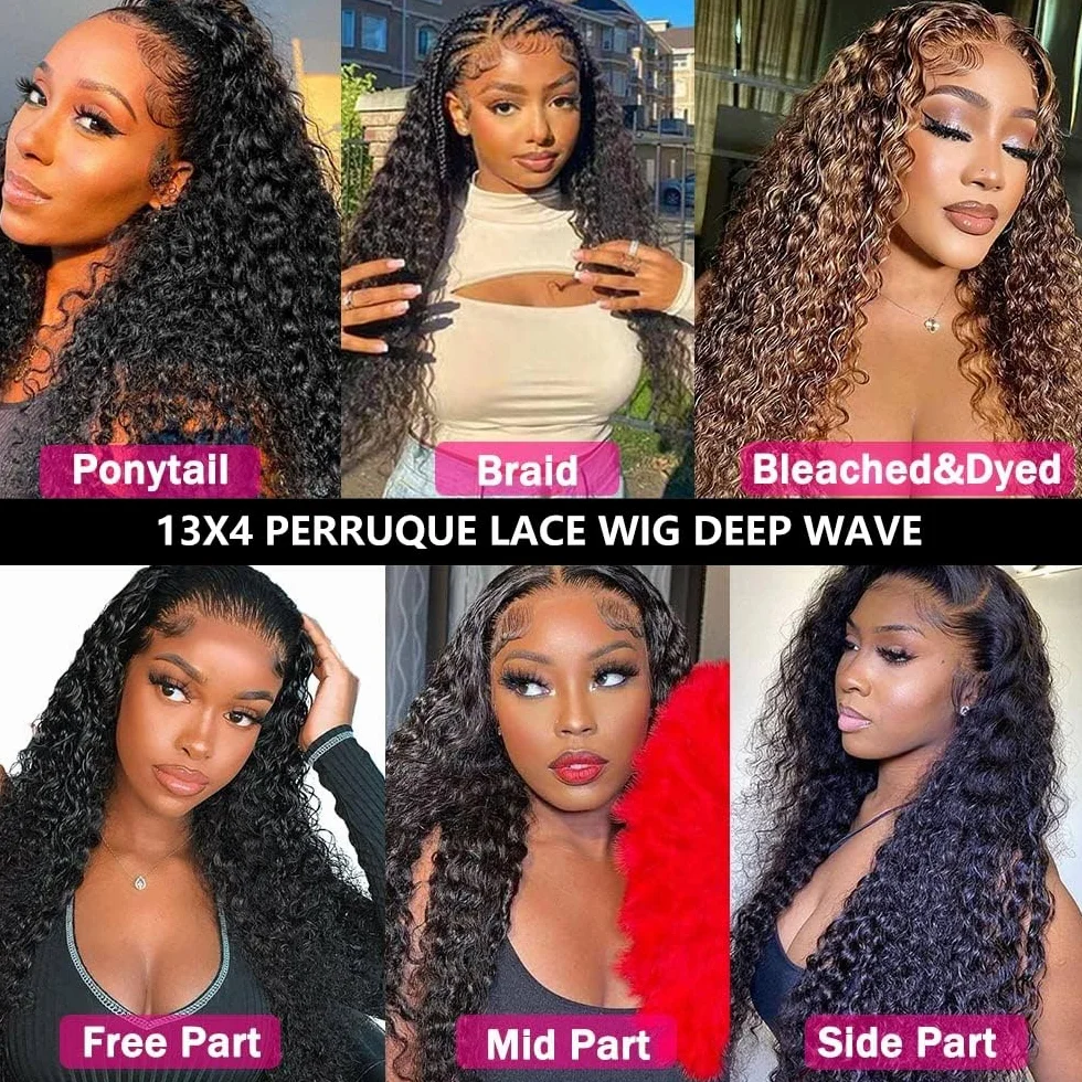 Deep Wave 13x4 Lace Frontal Wig 150% Density Brazilian Human Hair 16 Pulgadas