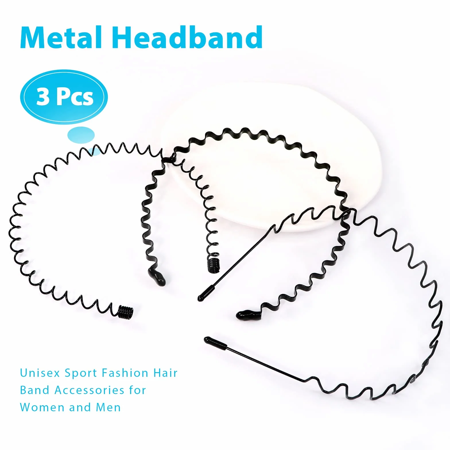 Diadema de Metal Negro Banda Pelo Ondulado Antideslizante Elástica para Yoga Deportes